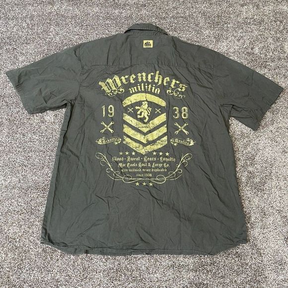 Mac Tools Shirt Mens Size Large Button Front Wrenchers Graphic Print Olive Green - Picture 1 of 9